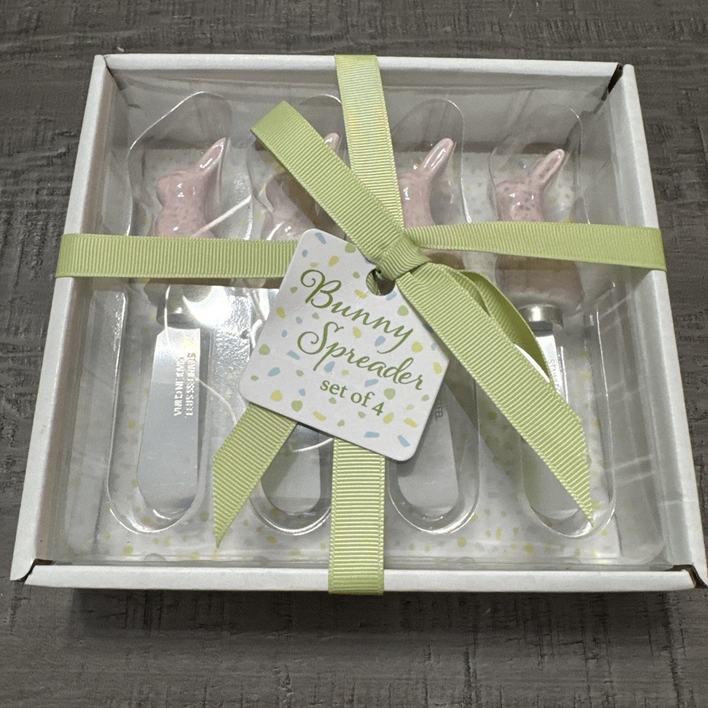 NIB Easter Bunny Spreader Set of 4 Pink Ceramic Handles Stainless Steel Spring